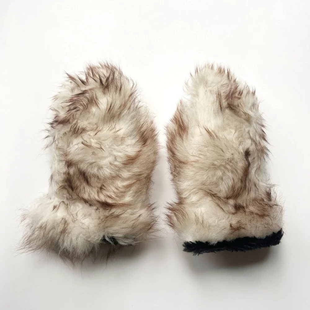 Vintage Genuine Fur Leather Mittens Shearling Sheepskin Cozy Winter Gloves
